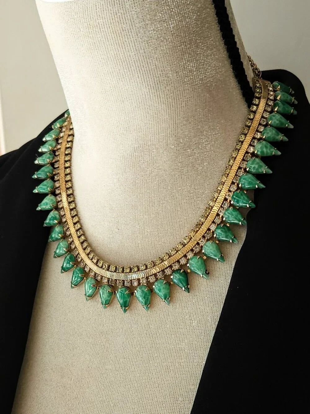 Vintage Faux Jade Glass and Rhinestone Collar Necklace